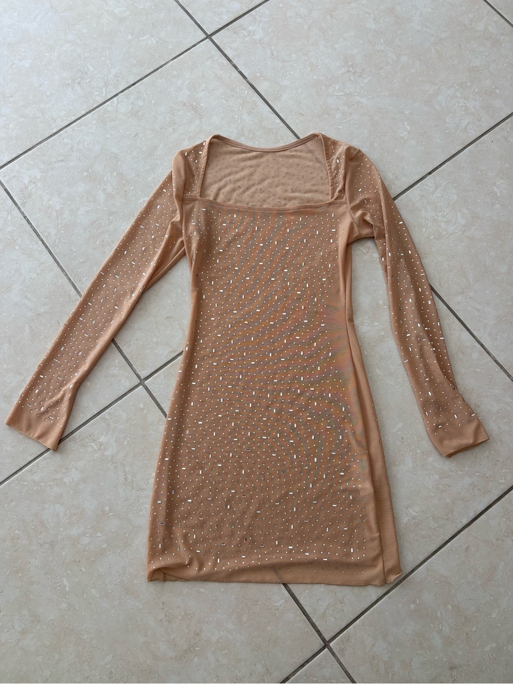 Beige Sparkly Long-Sleeve Mesh Dress